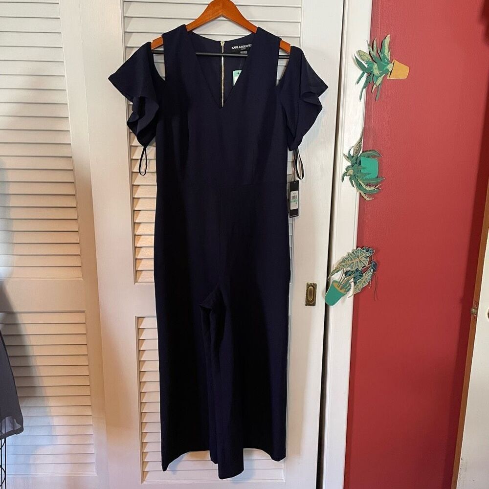 KARL LAGERFELD | melia cold shoulder midi jumpsuit in navy 8 NWT - Picture 9 of 12